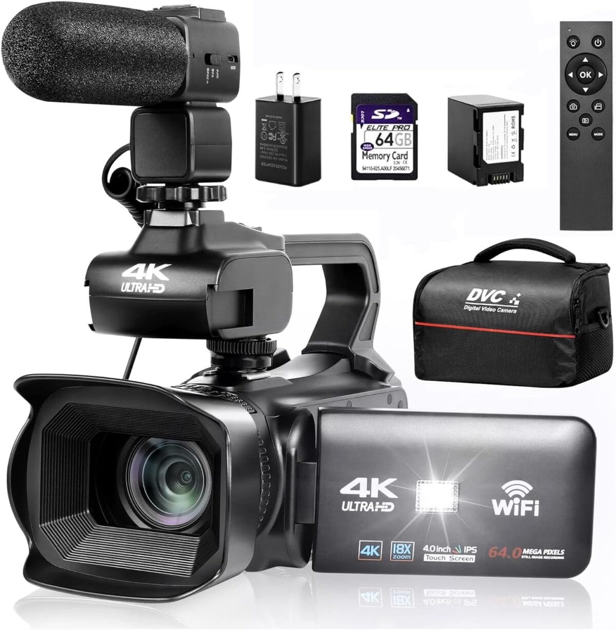 Upgrade 4K UHD Video Camera Camcorder with Mic, 18X Digital Zoom Auto-Focus Vlogging Camera for YouTube Antishake Video Recorder with 4" Rotating Touch Screen, 64GB SD Card and Battery