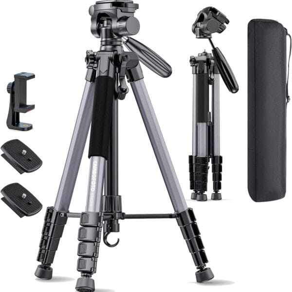 74"-Camera-Tripod, Professional Aluminum Tripod Stand, Head and Leg for Mirrorless Camera/DSLR/Cell Phone/Camcorder/GoPro, with Phone Holder and Travel Bag (Gunmetal Gray)