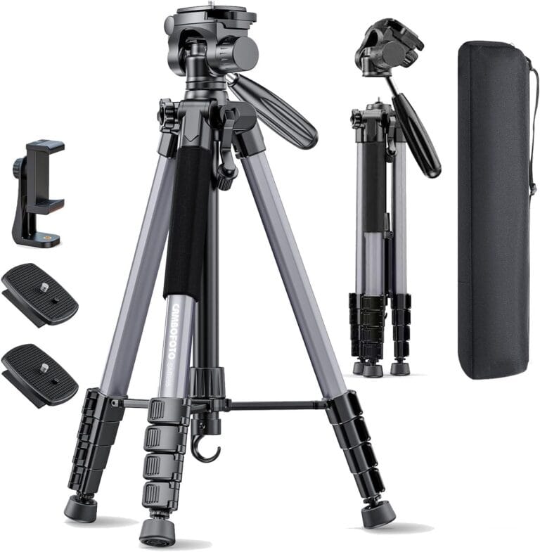 74"-Camera-Tripod, Professional Aluminum Tripod Stand, Head and Leg for Mirrorless Camera/DSLR/Cell Phone/Camcorder/GoPro, with Phone Holder and Travel Bag (Gunmetal Gray)