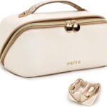 Prite Makeup Bag for Women Travel Waterproof Vegan Leather Cosmetic Bag Open Flat Toiletry Bag With Clear Divider and Handle (Beige)