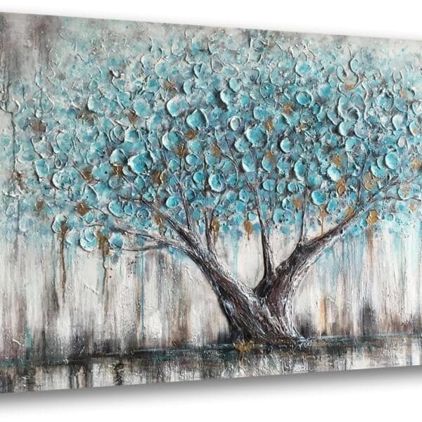 Arjun Tree Wall Art Teal Blue Nature Tree of Life Abstract Canvas Painting Textured Picture, Modern Large Panoramic Landscape Artwork Framed for Living Room Bedroom Bathroom Office Home Decor 40"x20"