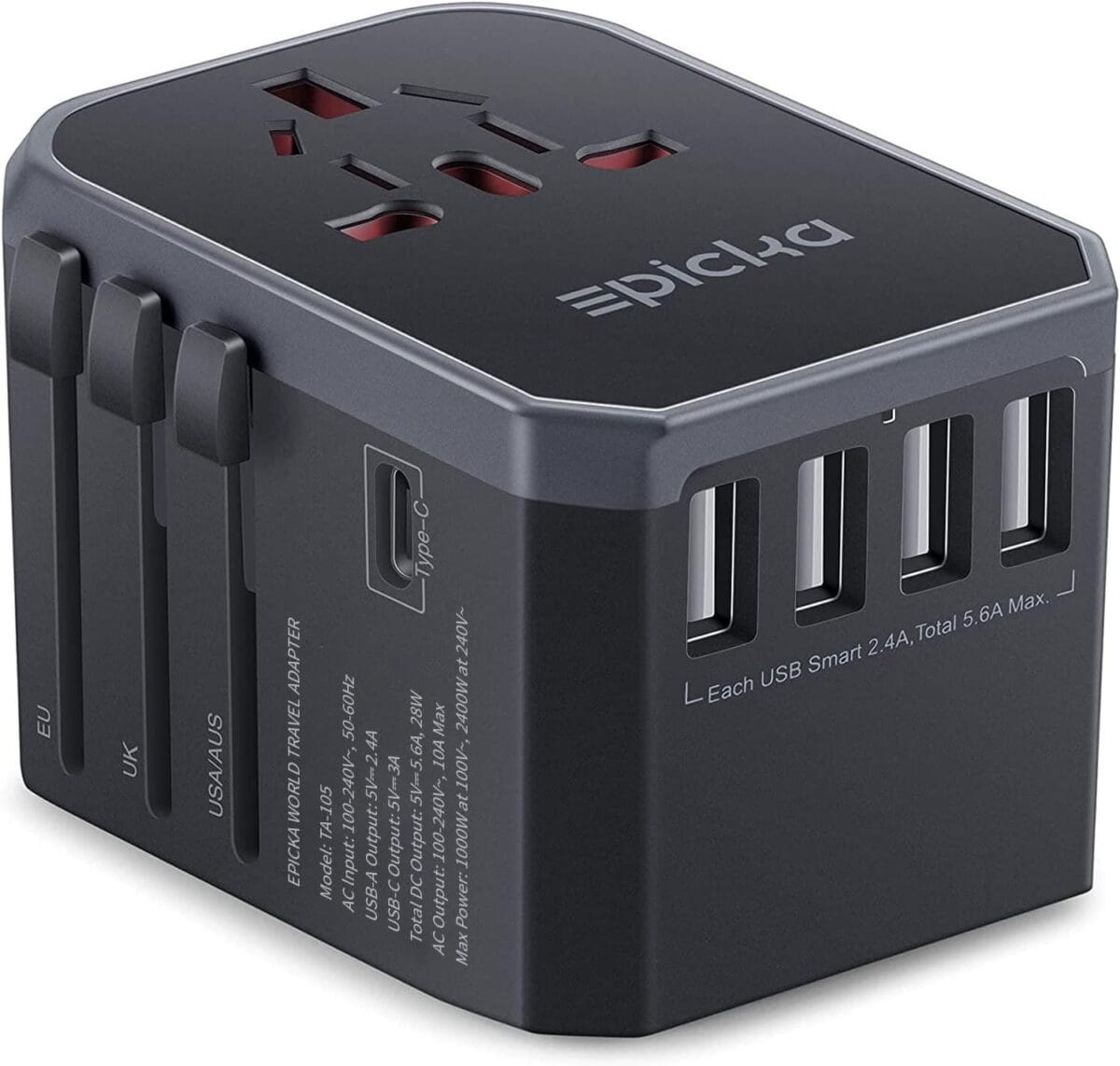EPICKA Universal Travel Adapter, European Travel Plug Adapter - International Power Adapter Worldwide Charger with USB-C & 4 USB-A Ports, Travel Essentials for Italy, Japan, Europe, UK (TA-105, Grey)