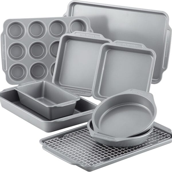 Farberware Nonstick Steel Bakeware Set with Cooling Rack, Baking Pan and Cookie Sheet Set with Nonstick Bread Pan and Cooling Grid, 10-Piece Set, Gray