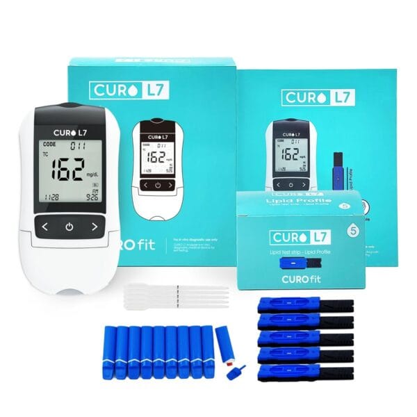 CURO-L7 Professional Grade Blood Cholesterol Testing with Home KIT - All-in-One Test Device, Test Strips 5ea, Lancets, and EziTube Rod Included