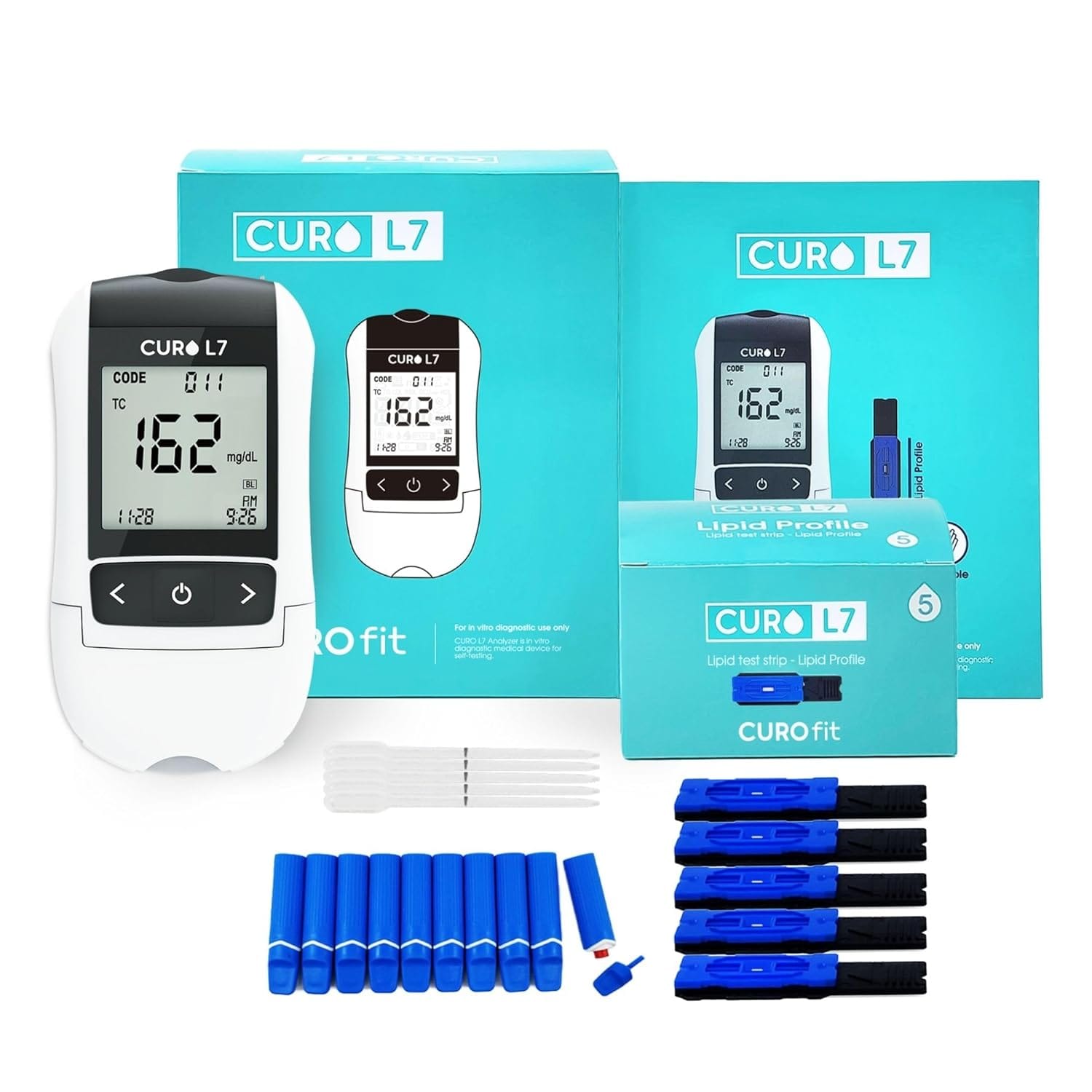 CURO L7 Professional Grade Blood Cholesterol Testing With Home KIT All In One Test Device, Test Strips 5ea, Lancets, And EziTube Rod Included CURO-L7 Professional Grade Blood Cholesterol Testing with Home KIT - All-in-One Test Device, Test Strips 5ea, Lancets, and EziTube Rod Included