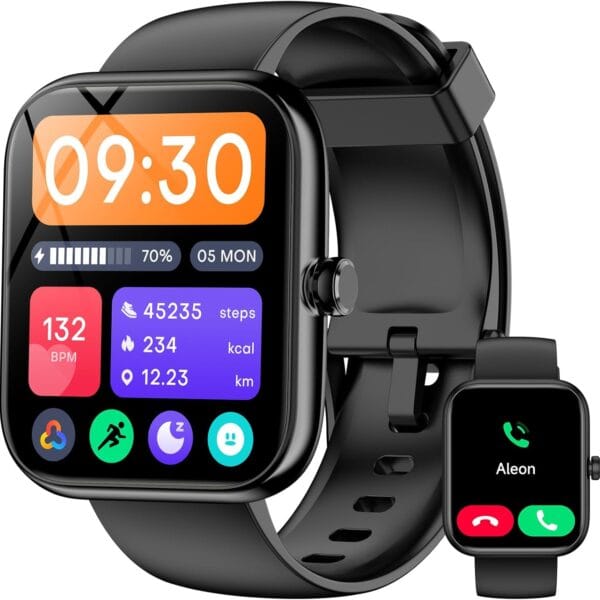 Smart Watch with Alexa Built-in, 1.83'' Touchscreen with Call Function, IP68 Waterproof Fitness Tracker, 100+ Sport Modes, Heart Rate & Sleep Monitor, Pedometer, iOS/Android Compatible (Black)