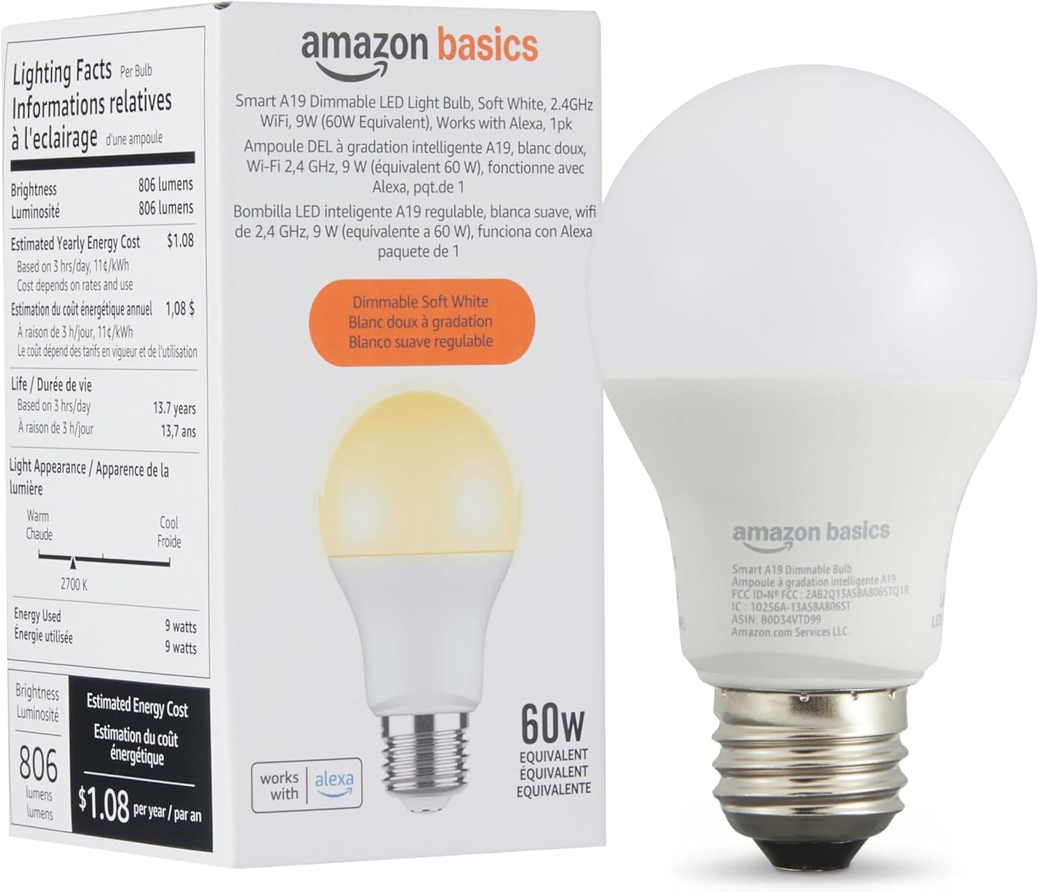 Amazon Basics Smart A19 LED Light Bulb, Dimmable Soft White (2700K), 9W (60W Equivalent), 800LM, Works With Alexa Only, 2.4 GHz Wi Fi, No Hub Required, 1 Pack Amazon Basics Smart A19 LED Light Bulb, Dimmable Soft White (2700K), 9W (60W Equivalent), 800LM, Works with Alexa Only, 2.4 GHz Wi-Fi, No Hub Required, 1 Pack