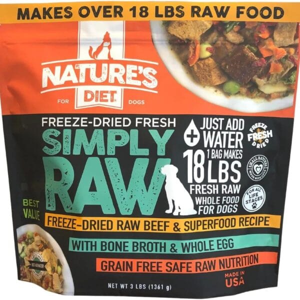 Nature's Diet Simply Raw Freeze-Dried Whole Food Meal - Makes 18 Lbs Fresh Food with Muscle, Organ, Bone Broth, Whole Egg, Superfoods, Fish Oil Omega 3, 6, 9, Probiotics & Prebiotics (Beef)