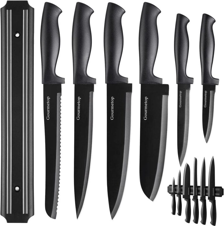 Kitchen Knife Set with No Drilling Magnetic Strip for Kitchen Black Titanium Small Cooking Knives, Sharp Stainless Steel Chef Knife Set for Cutting Meat & Vegetable