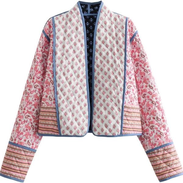 Wyeysyt Women's Cropped Puffer Quilted Jacket Cardigan Floral Printed Lightweight Long Sleeve Open Front Short Padded Coats