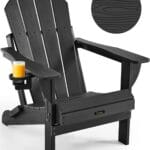 Ciokea Folding Adirondack Chair Wood Texture for Patio, Weather Resistant, Plastic Fire Pit Chair with Cup Holder, Lawn Chair for Outdoor Porch Garden Backyard Deck (Black)