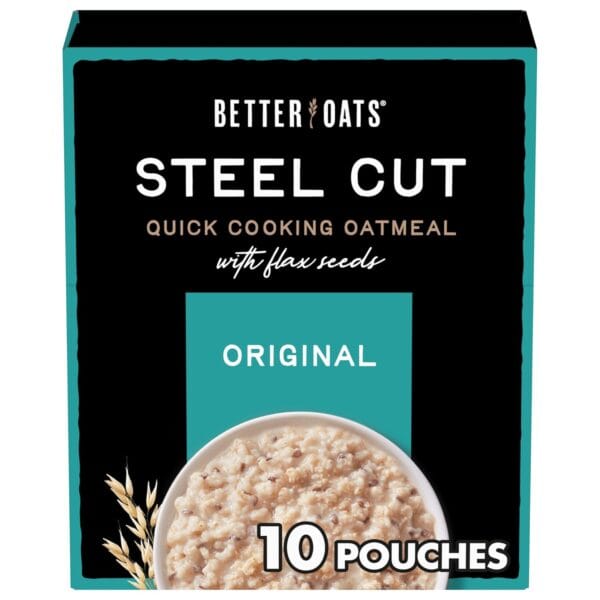 Better Oats Original Steel Cut Instant Oatmeal Packets, Original Flavor with Flax Seeds, Quick-Cook Breakfast, Box of 10 Pouches (Pack of 6)