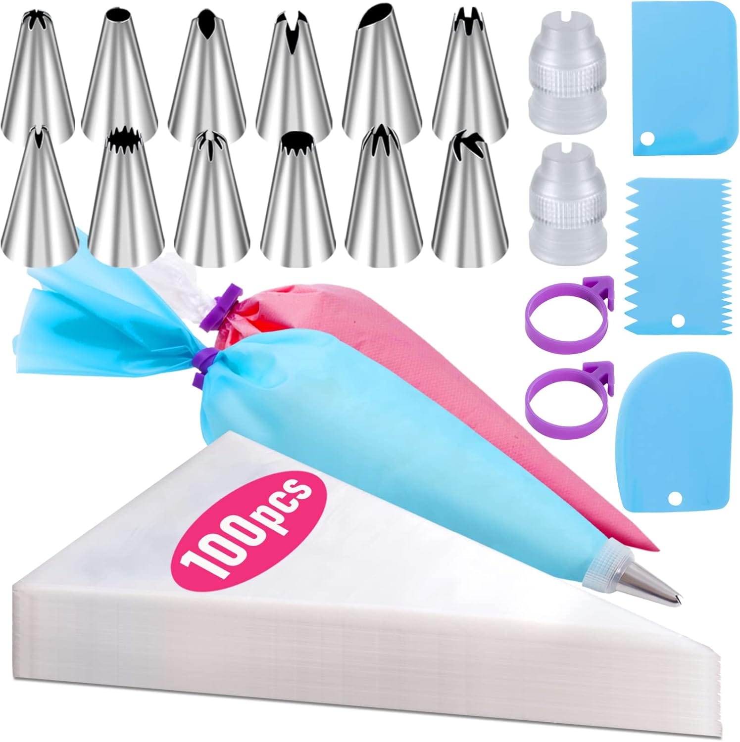 Piping Bags And Tips Set, 100Pcs 12 Inch Pastry Bags, Icing Bags Disposable For Cakes Decorating Kit Supplies With 1 Reusable Piping Bags, 1 Couplers, 12 Frosting Tips, 2 Bag Ties, 3 Cake Scraper Piping Bags and Tips Set, 100Pcs 12 Inch Pastry Bags, Icing Bags Disposable for Cakes Decorating Kit Supplies with 1 Reusable Piping Bags, 1 Couplers, 12 Frosting Tips, 2 Bag Ties, 3 Cake Scraper