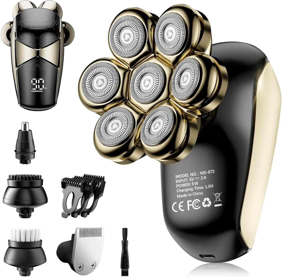 Detachable Head Shavers, SHPAVVER 5 in 1 Electric Razor IPX7 Waterproof for Bald Men, Wet Dry LED Display Rechargeable 7D Rotary Shaver Grooming Kit with Type C Charge A