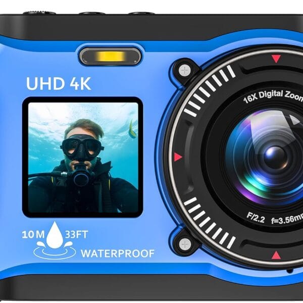 Digital Camera - 4K 56MP 33FT UHD Underwater Camera for Snorkeling with 32GB Card Dual-Screen Compact Waterproof Dustproof Floatable Camera - Autofocus Point and Shoot Digital Camera 1500mAh Battery