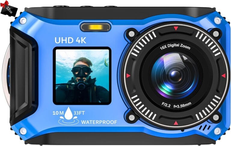 Digital Camera - 4K 56MP 33FT UHD Underwater Camera for Snorkeling with 32GB Card Dual-Screen Compact Waterproof Dustproof Floatable Camera - Autofocus Point and Shoot Digital Camera 1500mAh Battery