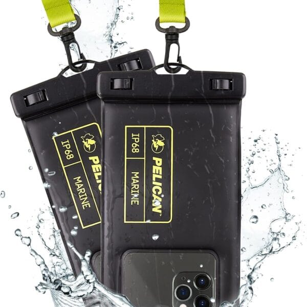 Pelican 2 Pack Marine - IP68 Waterproof Phone Pouch (Regular Size) Floating Waterproof Phone Case - Beach Cruise Ship Travel Essentials - Works w/ All Phones - Detachable Lanyard - Black/Hi-Vis Yellow