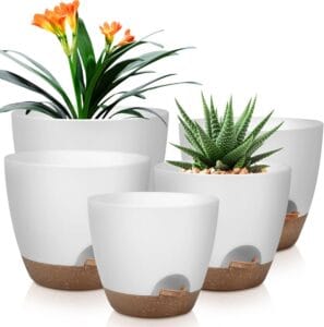 Plant Pots 10/9/8/7.5/7 Inch Self Watering Pots, Set of 5 Plastic Planters with Drainage Holes and Saucers,Plastic Flower Pots,Nursery Planting Pot for Indoor Out Door PlantsWhite