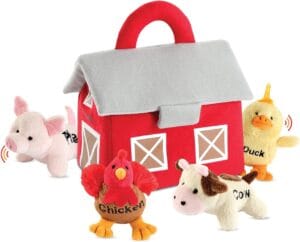 Bundaloo Plush Farm Animal Toys with Realistic Sounds - Plushie Play Set with Barn Carrier