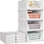 SNSLXH 5 Pack Stackable Closet Storage Basket, Multifunctional & Foldable Closet Organizer for Bathroom Kitchen Laundry Room Wardrobe Storage, Space-Saving Clothes Storage Drawer Organizer, White