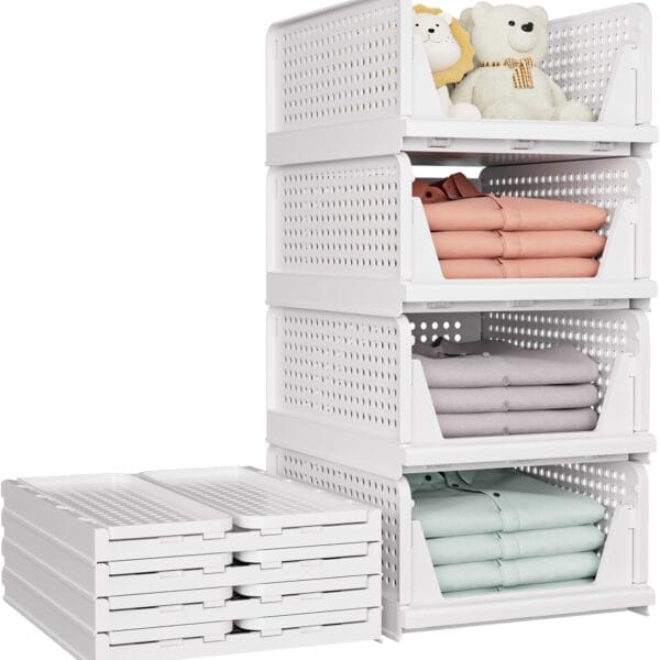 SNSLXH 5 Pack Stackable Closet Storage Basket, Multifunctional & Foldable Closet Organizer for Bathroom Kitchen Laundry Room Wardrobe Storage, Space-Saving Clothes Storage Drawer Organizer, White
