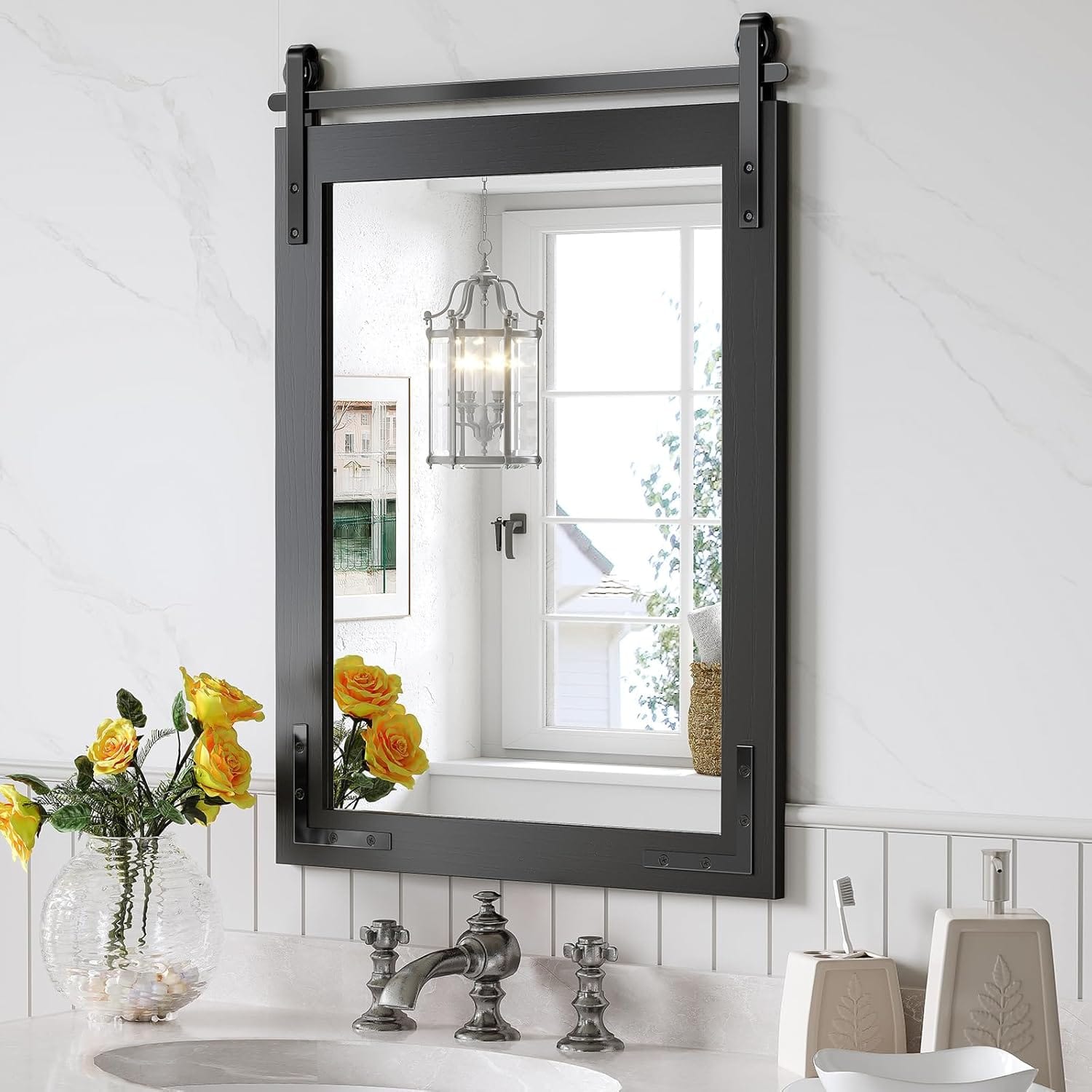 22x30 Inch Farmhouse Mirror For Bathroom, Black Wood Framed Rustic Mirror, Rectangle Wall Decorative Mirrors For Entryway, Living Room, Bedroom 22x30 Inch Farmhouse Mirror for Bathroom, Black Wood Framed Rustic Mirror, Rectangle Wall Decorative Mirrors for Entryway, Living Room, Bedroom