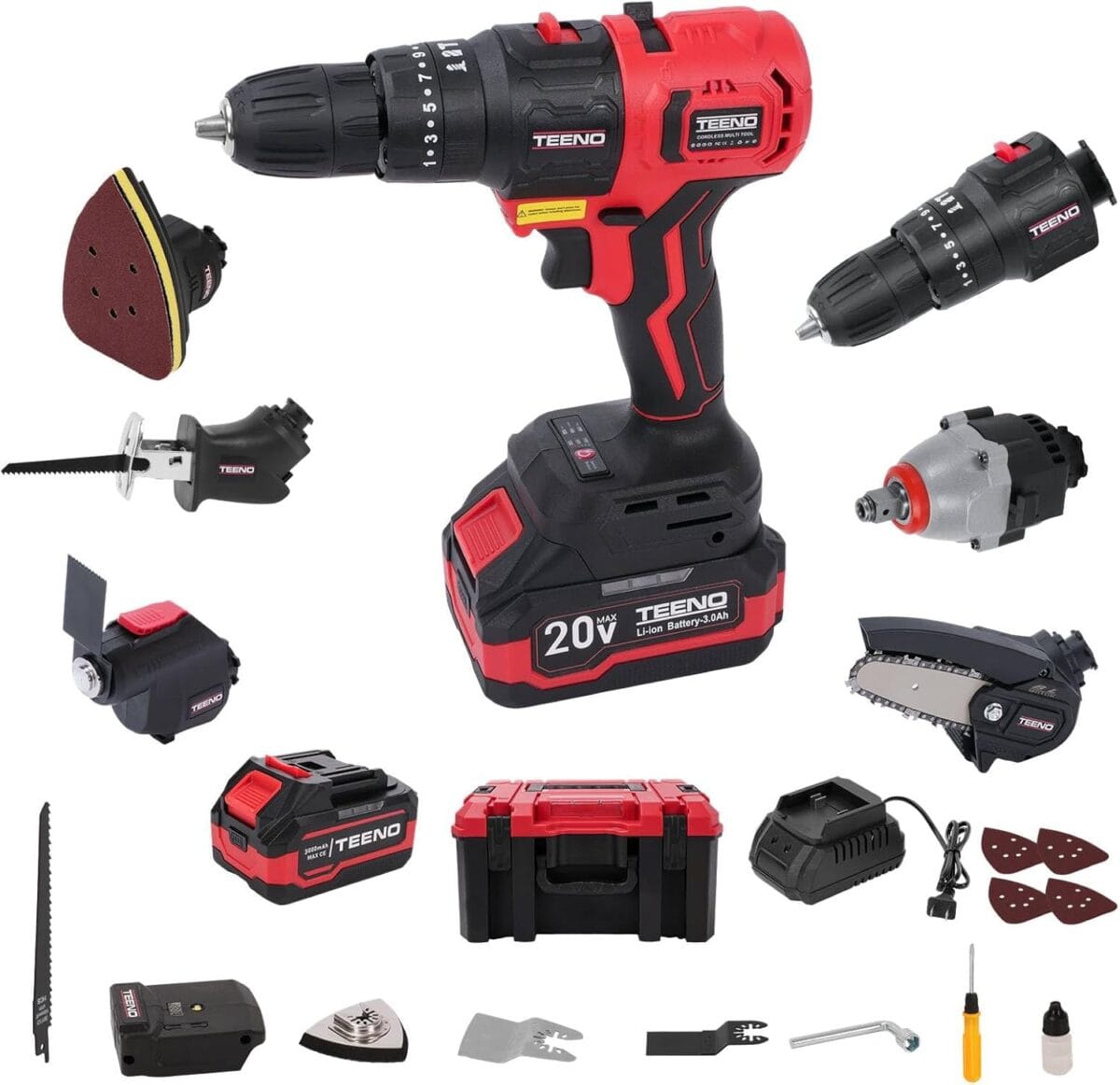20V Cordless Combo Kit, 8-in-1 Cordless Multi-tool with Case, Drill, Recip saw, Chain Saw, Impact wrench, Oscillating tool, Sander with Accessories, 3.0Ah Lionthium Battery and Charger