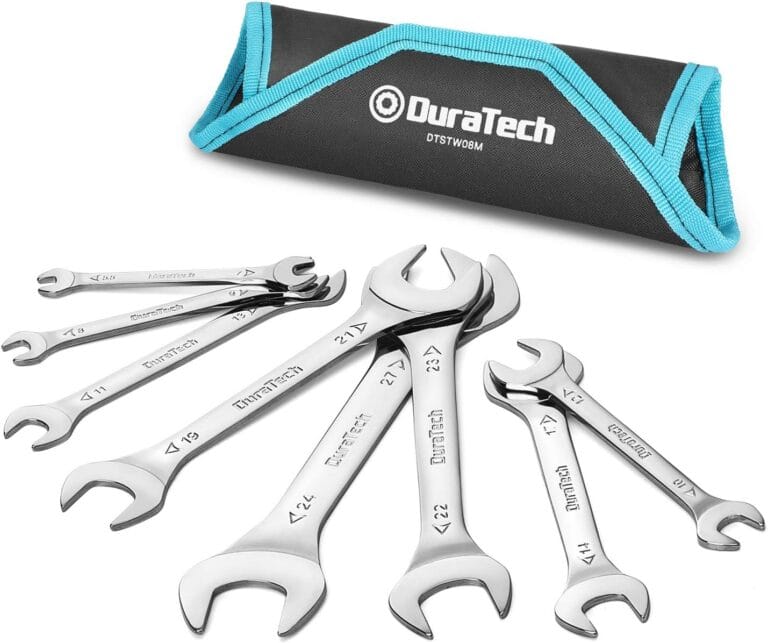 DURATECH Super-Thin Open End Wrench Set, Metric, 8-Piece, Including 5.5, 7, 8, 9, 10, 11, 12, 13, 14, 17, 19, 21, 22, 23, 24, 27 mm, Slim Spanner Set with Rolling Pouch