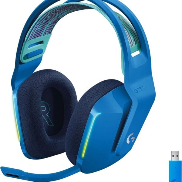 Logitech G733 LIGHTSPEED Wireless Gaming Headset with suspension headband, LIGHTSYNC RGB, Blue VO!CE mic technology and PRO-G audio drivers - Blue