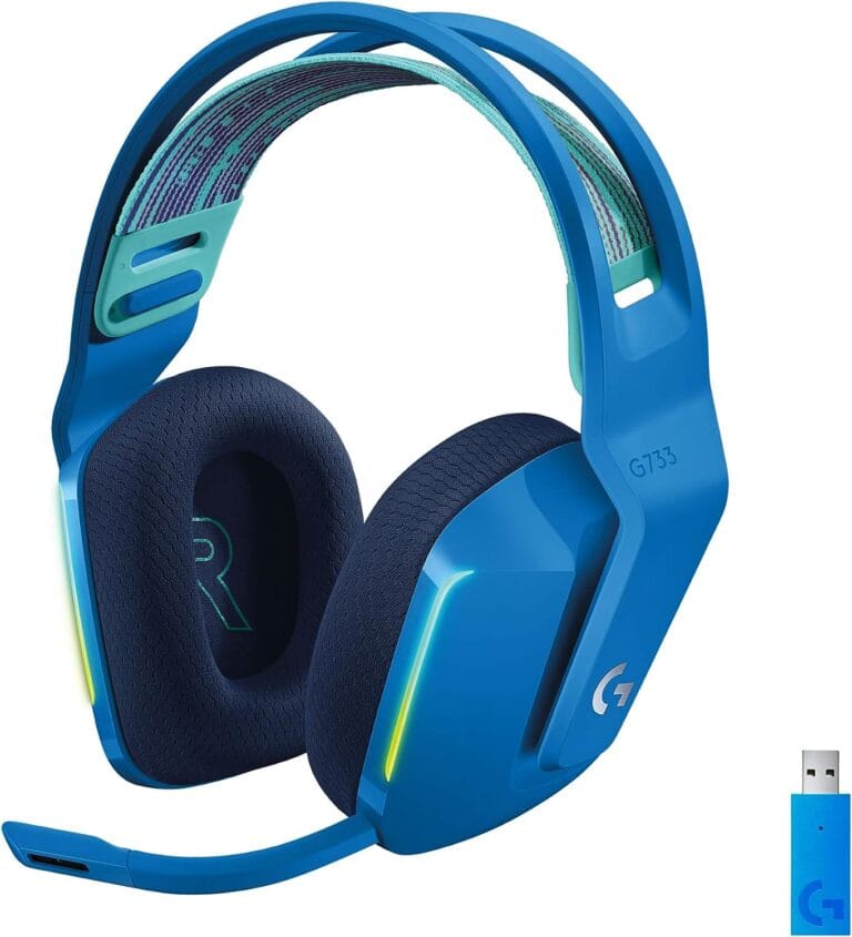 Logitech G733 LIGHTSPEED Wireless Gaming Headset with suspension headband, LIGHTSYNC RGB, Blue VO!CE mic technology and PRO-G audio drivers - Blue