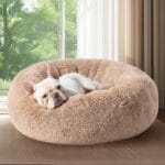 Bedsure Calming Dog Bed for Medium Dogs - Donut Washable Medium Pet Bed, 30 inches Anti-Slip Round Fluffy Plush Faux Fur Cat Bed, Fits up to 45 lbs Pets, Camel