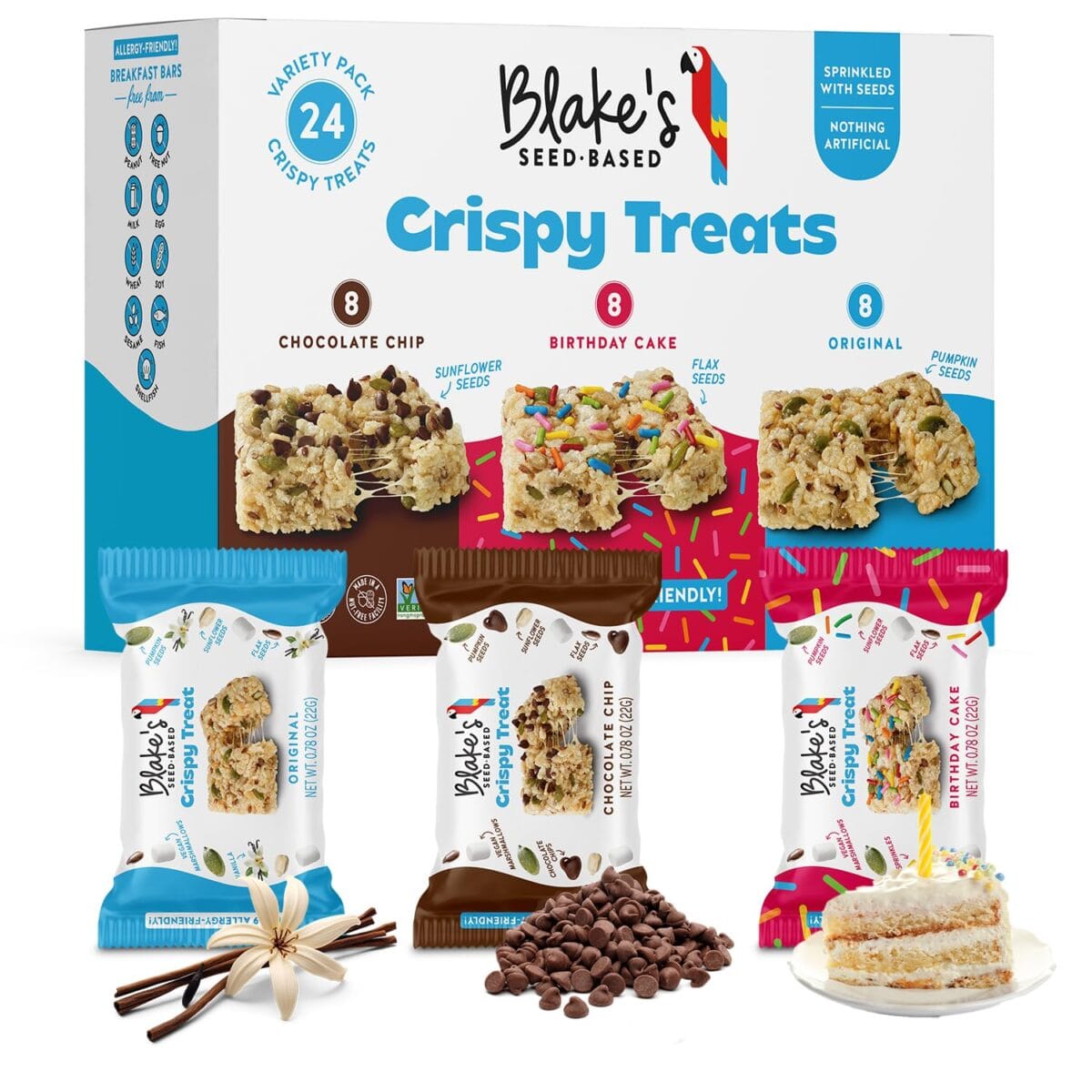Blakes Seed Based Crispy Treats  Variety Pack (24 Count), Vegan, Gluten Free, Nut Free & Dairy Free, Healthy Snacks for Kids or Adults, School Safe, Low Calorie Soy Free Snack
