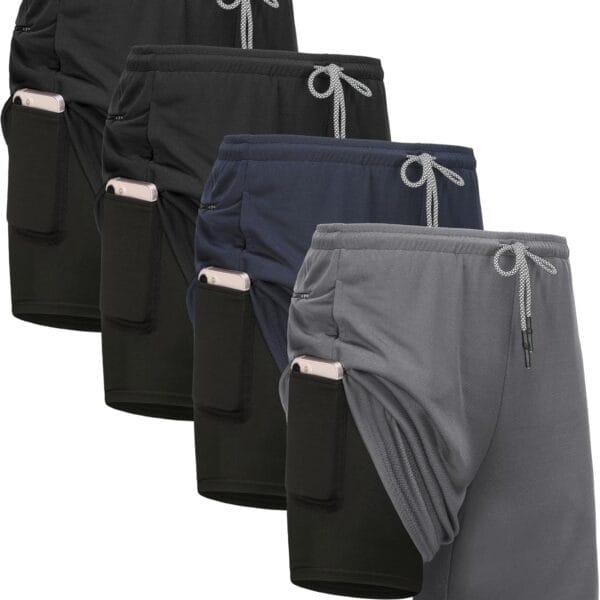 4 Pack Mens 2 in 1 Running Workout Shorts with Liner, Gym Athletic Quick Dry Sport Shorts with Pockets