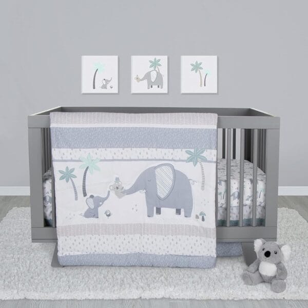 Sammy & Lou Ellie & Friends 4-Piece Baby Crib Bedding Set, Includes Quilt, Fitted Crib Sheets Neutral, Crib Skirt, and Plush Toy