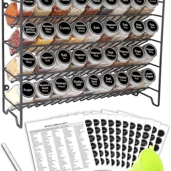 SWOMMOLY Spice Rack Organizer with 36 Empty Square Spice Jars, 396 Spice Labels with Chalk Marker and Funnel Complete Set, for Countertop, Cabinet or Wall Mount, Black