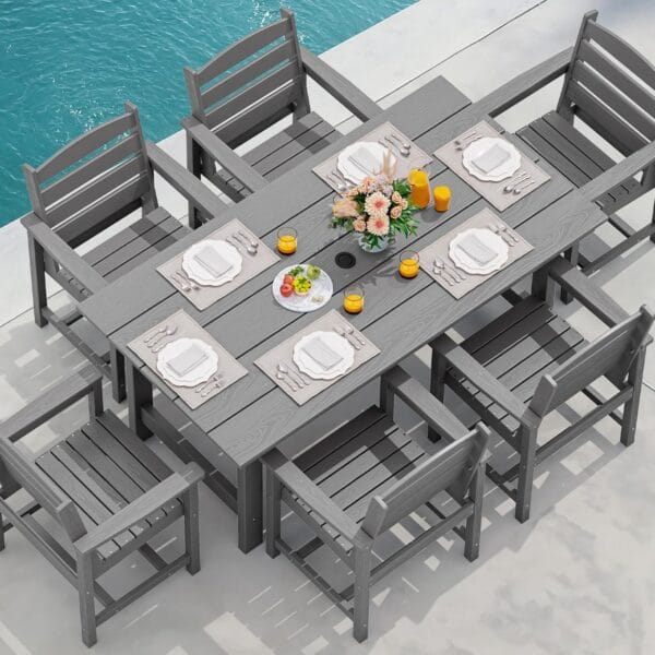 SERWALL Outdoor HDPE Dining Table Set, 7-Piece Outdoor Dining Table Sets with Umbrella Hole Cut-Out Table and 6 Chairs, Gray