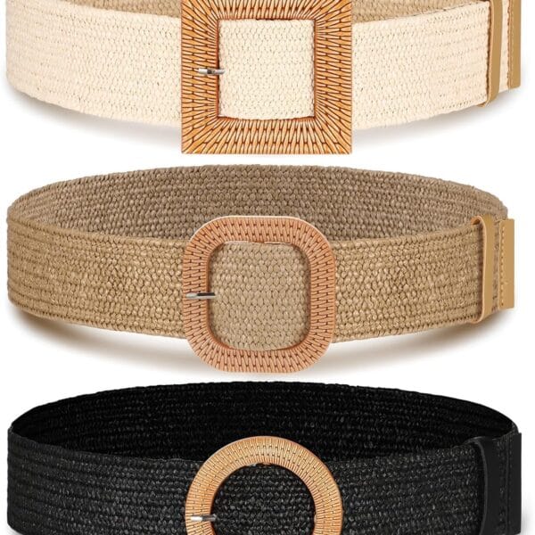 Syhood 3 Pieces Straw Woven Elastic Waist Belt for Women Bohemian Dress Braided Belt