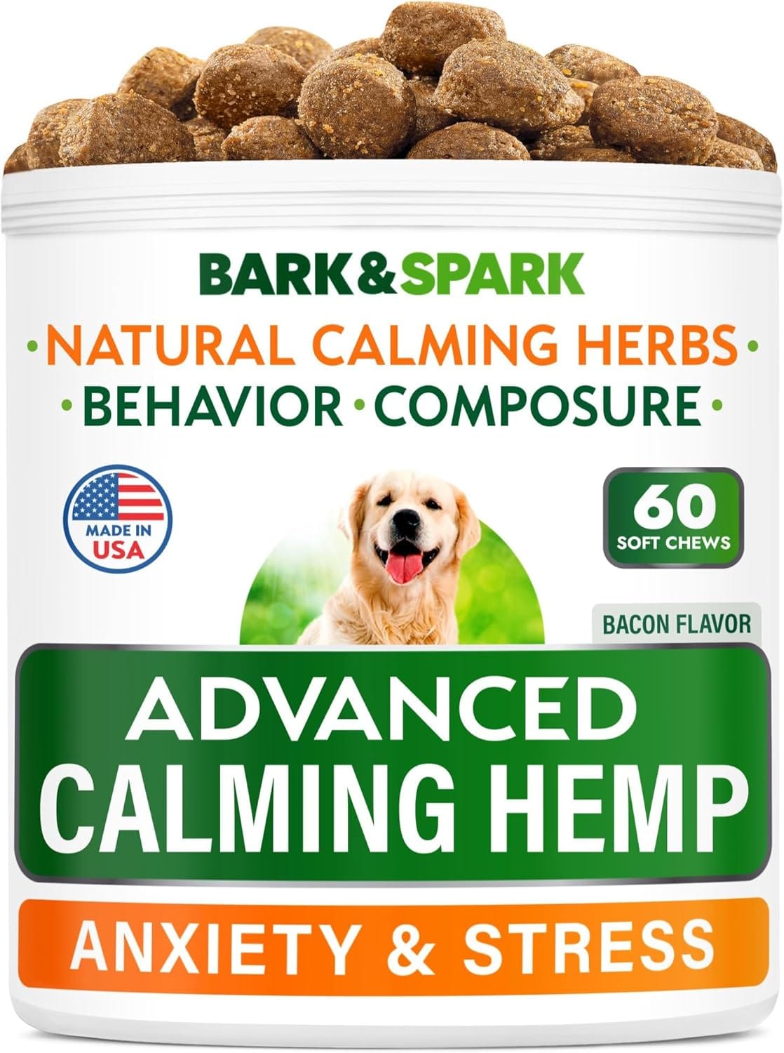 BARK&SPARK Advanced Calming Chews For Dogs Hemp Chew + Melatonin Anxiety Relief Sleep Aid Relaxing Treats Stress Relief During Fireworks, Storms, Thunder, Barking Made In USA 60Ct BARK&SPARK Advanced Calming Chews for Dogs - Hemp Chew + Melatonin - Anxiety Relief - Sleep Aid - Relaxing Treats - Stress Relief During Fireworks, Storms, Thunder, Barking - Made in USA - 60Ct
