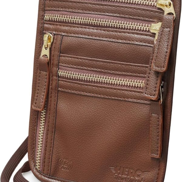 HERO Neck Wallet, RFID Blocking Passport Holder, Vegan Leather Travel Pouch (Brown)