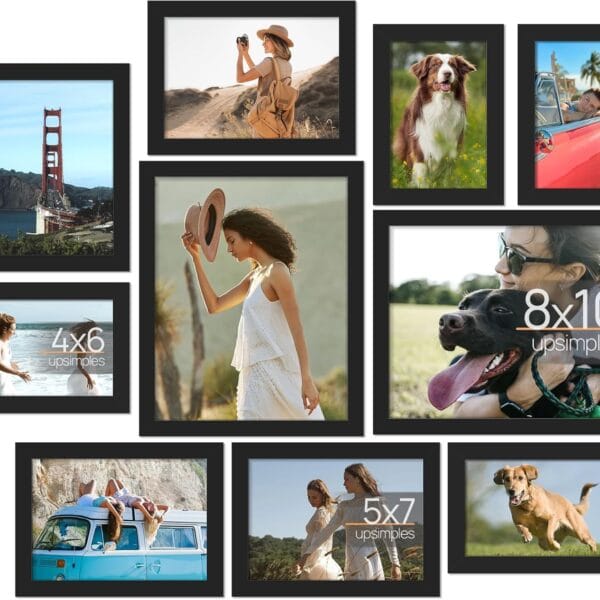 upsimples 10 Pack Picture Frames Collage Wall Decor for Mounting or Tabletop Display, Photo Gallery Frame Set for Family, Multi Sizes Including 8x10, 5x7, 4x6, Black