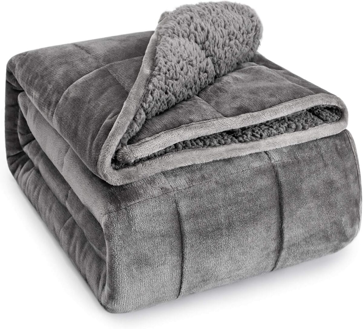 Wemore Sherpa Fleece Weighted Blanket for Adult, 15 lbs Dual Sided Cozy Fluffy Heavy Blanket, Ultra Fuzzy Throw Blanket with Soft Plush Flannel Top, 48 x 72 inches, Grey on Both Sides