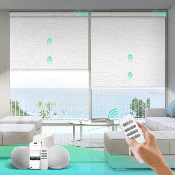Motorized Blinds with Remote, 100% Blackout Smart Blinds, Motorized Shades, Automatic Blinds for Windows, Electric Blinds Work with Alexa Google and Homekit (Light Chaser-Perla Bianca BO)