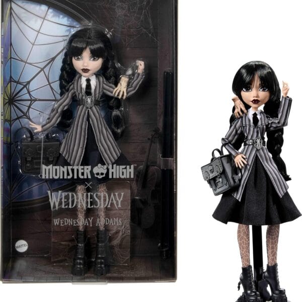 Monster High Wednesday Doll and Accessories, Wednesday Addams Collectible in Nevermore Academy Uniform with Thing and Backpack, Doll Stand