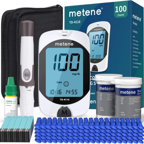 Metene TD-4116 Blood Glucose Monitor Kit, 100 Glucometer Strips, 100 Lancets, 1 Blood Sugar Monitor, Blood Sugar Test Kit with Control Solution, Lancing Device, No Coding, Large Display