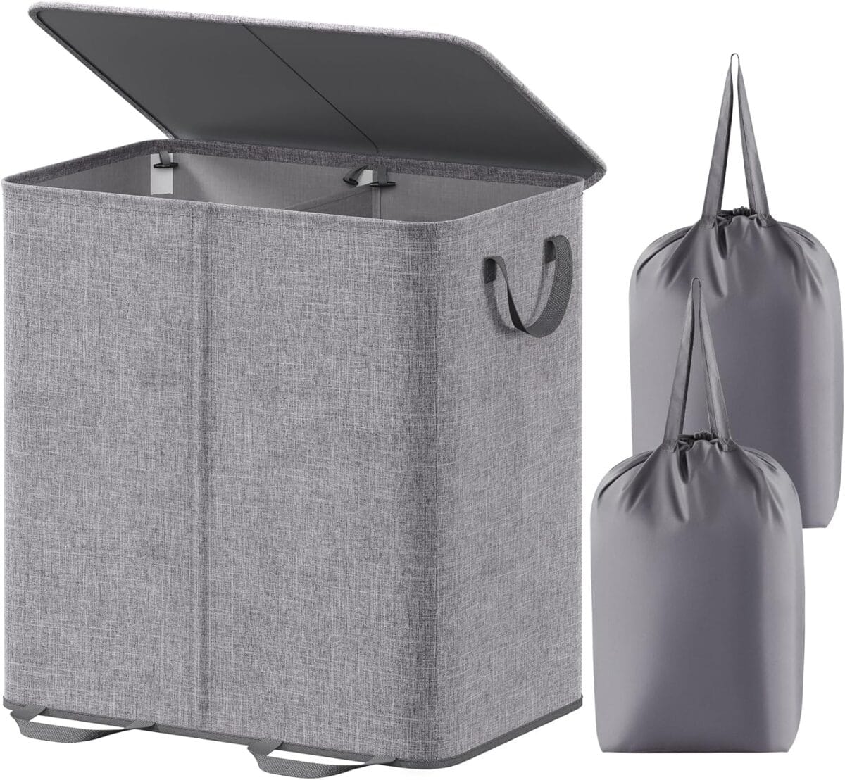 Lifewit Double Laundry Hamper with Lid and Removable Laundry Bags, Large Collapsible 2 Dividers Dirty Clothes Basket with Handles for Bedroom, Laundry Room, Closet, Bathroom, College, 136L Grey