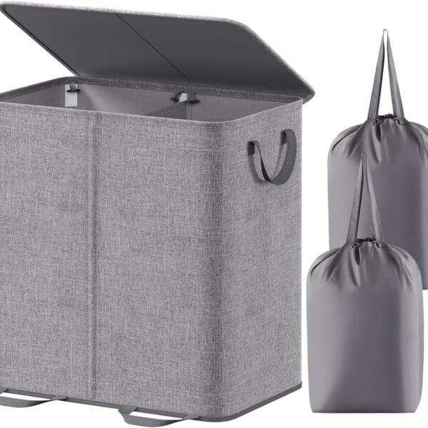 Lifewit Double Laundry Hamper with Lid and Removable Laundry Bags, Large Collapsible 2 Dividers Dirty Clothes Basket with Handles for Bedroom, Laundry Room, Closet, Bathroom, College, 136L Grey