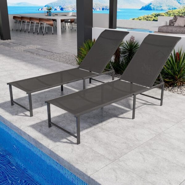 Outdoor Pool Lounge Chairs, 2 pcs Patio Aluminum Chaise Lounge, Five-Position Recliner Loungers for Poolside Yard Balcony Deck Beach (Grey)