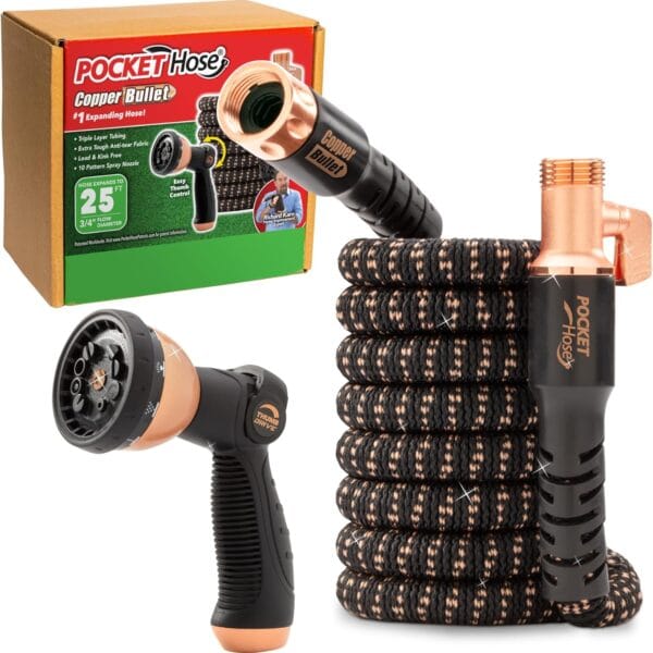 Pocket Hose Copper Bullet Expandable Garden Hose 25 FT w/10 Pattern Thumb Spray Nozzle AS-SEEN-ON-TV 650psi 3/4 in Patented Lead-Free Ultra-Lightweight Solid Copper Anodized Aluminum Fittings No-Kink