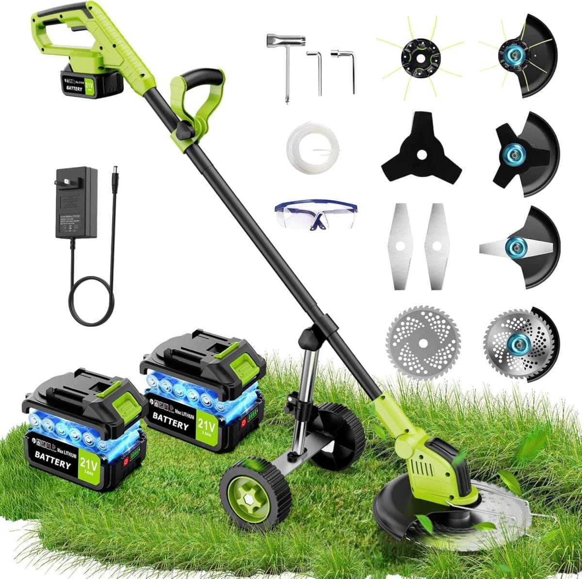 20000 RPM Electric Weed Wacker with Wheel, 60000mAh Battery, 12 Brushless Cordless 4-in-1 Brush Cutter/Weed Eater/Grass Trimmer, Electric String Trimmer 2 Batteries and Charger(Green)