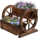 Wooden Wagon Planter Box, Garden Planter with Wheels,Decorative Planter for Flowers Herbs Vegetables for Indoor & Outdoor Dcor, Flower Cart for Patio Garden Balcony